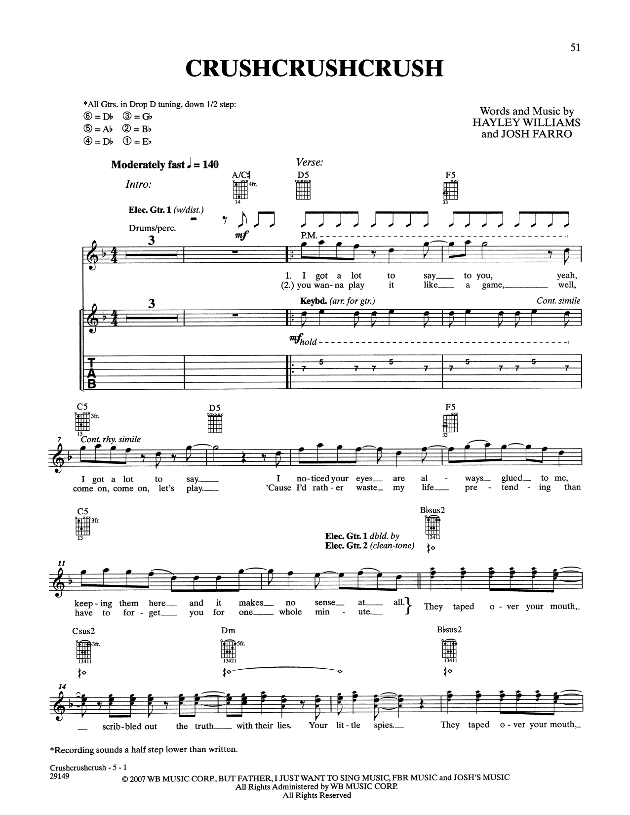 Paramore CrushCrushCrush Sheet Music Notes & Chords for Guitar Tab - Download or Print PDF Paramore CrushCrushCrush Sheet Music Notes & Chords for Guitar Tab - Download or Print PDF