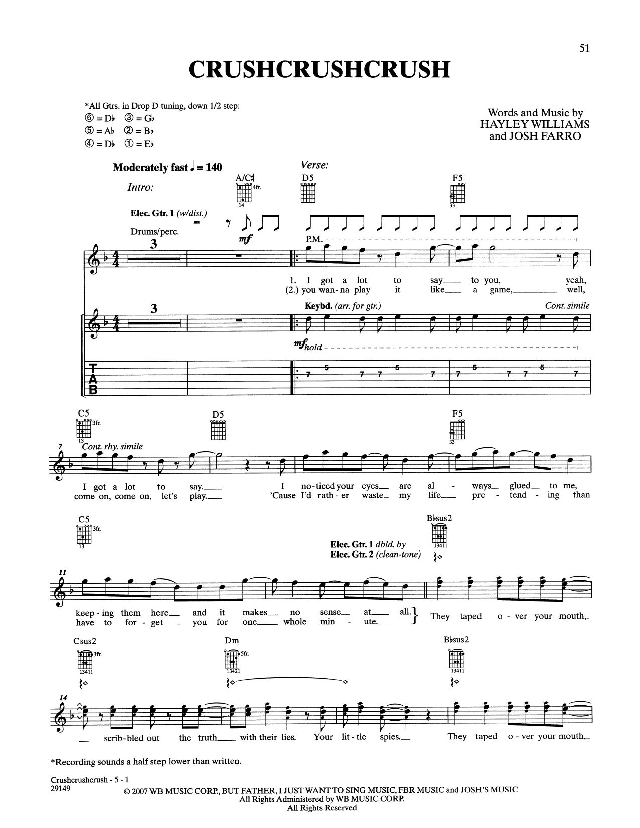 Paramore CrushCrushCrush Sheet Music Notes & Chords for Guitar Tab - Download or Print PDF