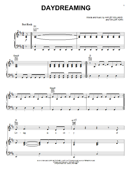Paramore Daydreaming Sheet Music Notes & Chords for Piano, Vocal & Guitar (Right-Hand Melody) - Download or Print PDF