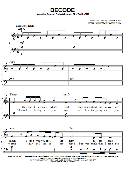 Paramore Decode Sheet Music Notes & Chords for Piano Duet - Download or Print PDF