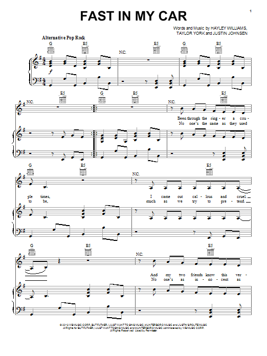 Paramore Fast In My Car Sheet Music Notes & Chords for Piano, Vocal & Guitar (Right-Hand Melody) - Download or Print PDF