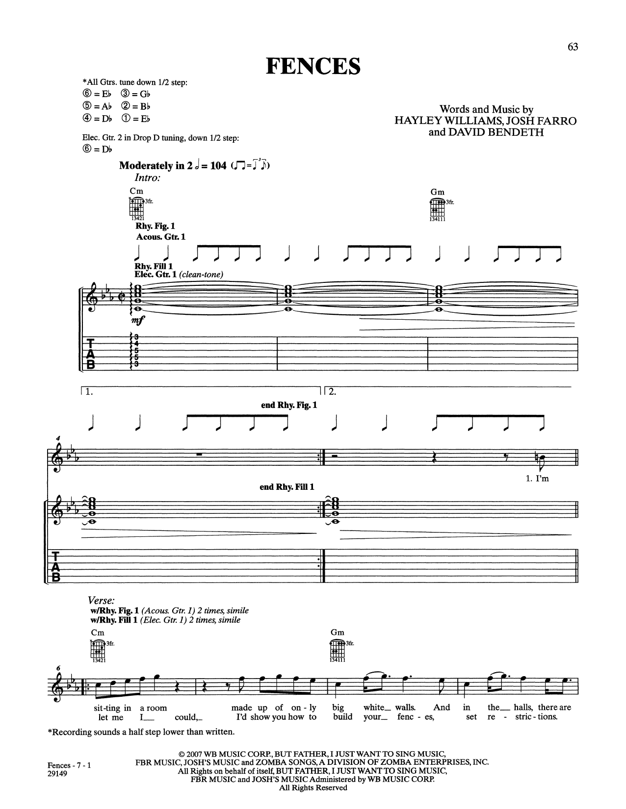 Paramore Fences Sheet Music Notes & Chords for Guitar Tab - Download or Print PDF