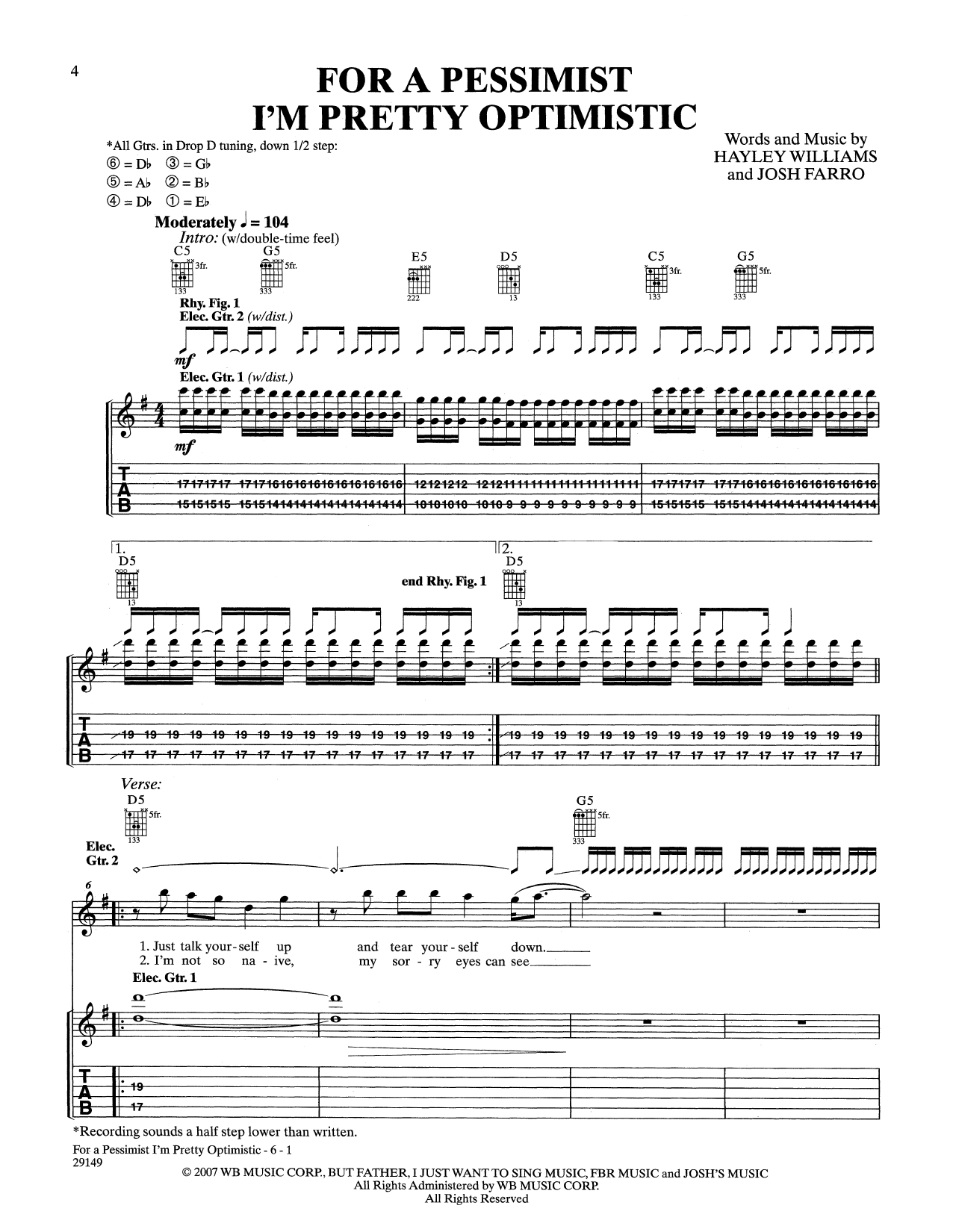 Paramore For A Pessimist I'm Pretty Optimistic Sheet Music Notes & Chords for Guitar Tab - Download or Print PDF