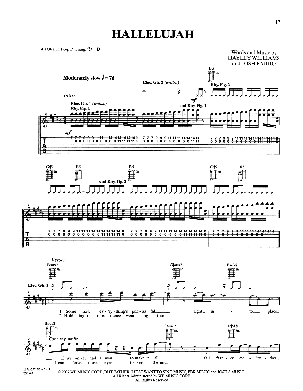 Paramore Hallelujah Sheet Music Notes & Chords for Guitar Tab - Download or Print PDF