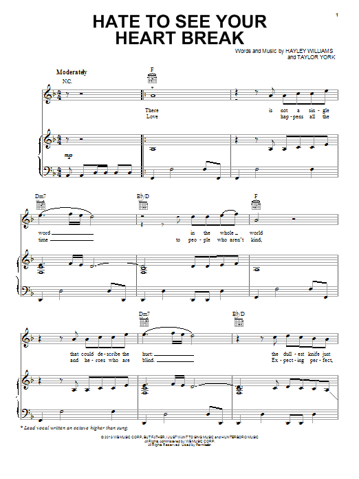 Paramore Hate To See Your Heart Break Sheet Music Notes & Chords for Piano, Vocal & Guitar (Right-Hand Melody) - Download or Print PDF Paramore Hate To See Your Heart Break Sheet Music Notes & Chords for Piano, Vocal & Guitar (Right-Hand Melody) - Download or Print PDF