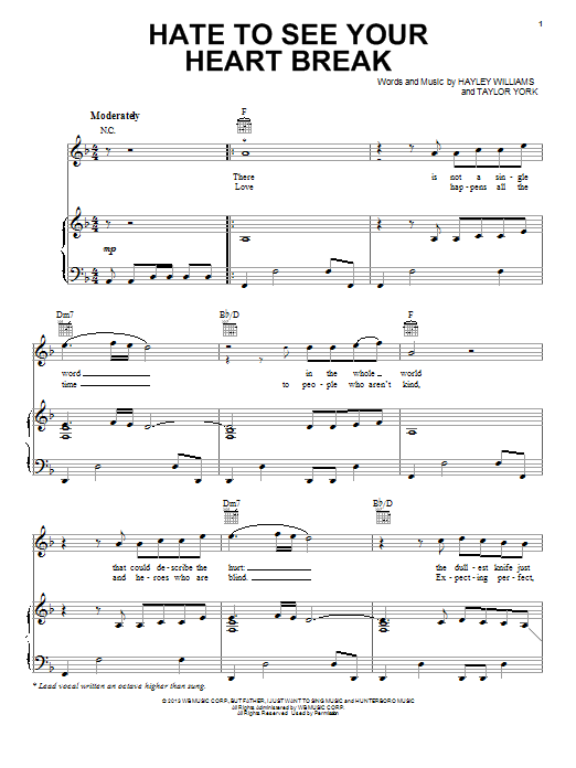 Paramore Hate To See Your Heart Break Sheet Music Notes & Chords for Piano, Vocal & Guitar (Right-Hand Melody) - Download or Print PDF