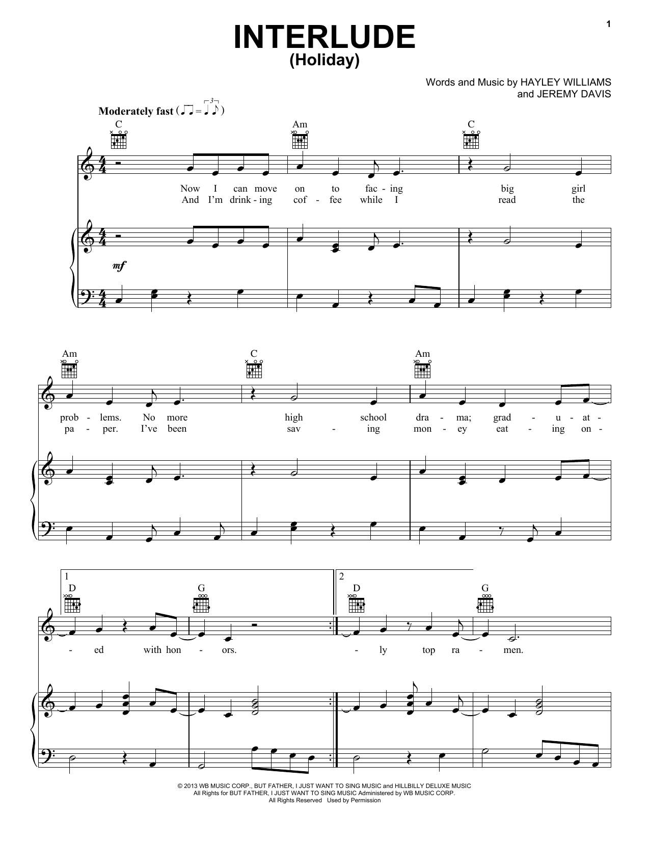 Paramore Interlude (Holiday) Sheet Music Notes & Chords for Piano, Vocal & Guitar (Right-Hand Melody) - Download or Print PDF