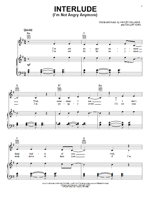 Paramore Interlude (I'm Not Angry Anymore) Sheet Music Notes & Chords for Piano, Vocal & Guitar (Right-Hand Melody) - Download or Print PDF