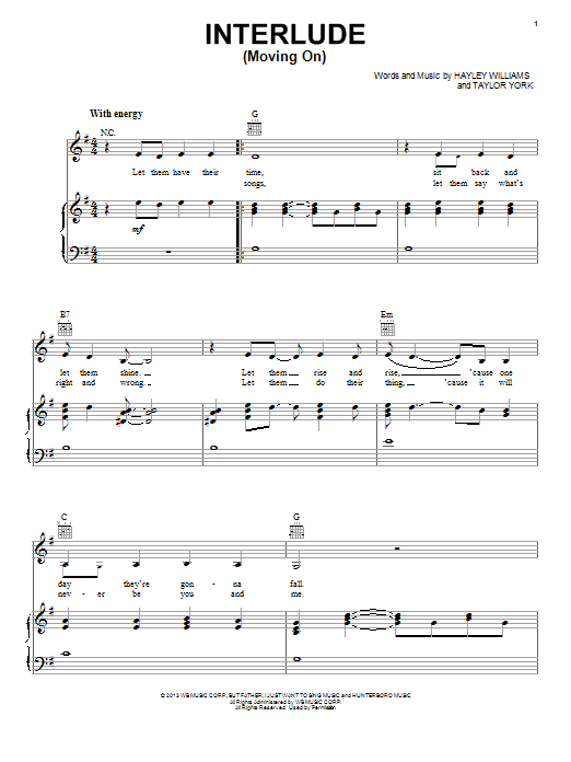 Paramore Interlude (Moving On) Sheet Music Notes & Chords for Piano, Vocal & Guitar (Right-Hand Melody) - Download or Print PDF