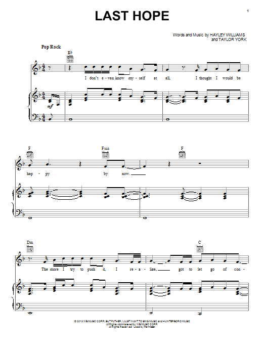 Paramore Last Hope Sheet Music Notes & Chords for Piano, Vocal & Guitar (Right-Hand Melody) - Download or Print PDF