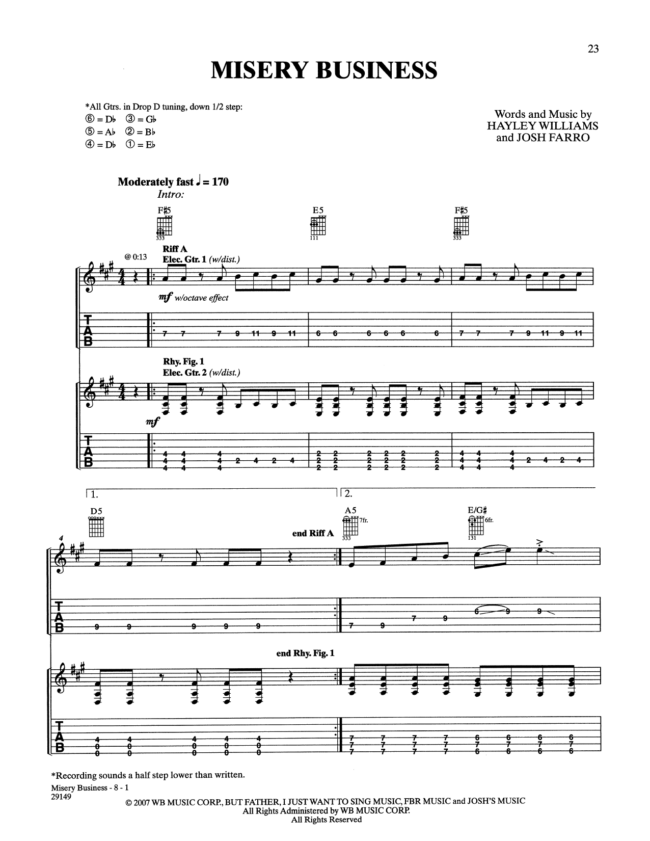 Paramore Misery Business Sheet Music Notes & Chords for Guitar Tab - Download or Print PDF