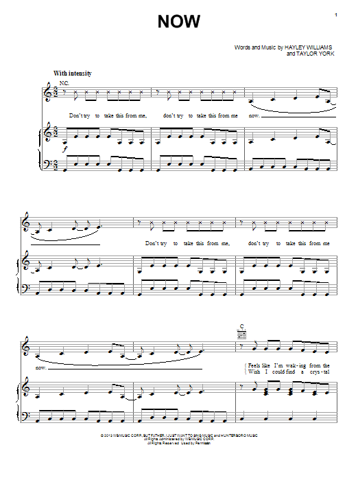 Paramore Now Sheet Music Notes & Chords for Piano, Vocal & Guitar (Right-Hand Melody) - Download or Print PDF
