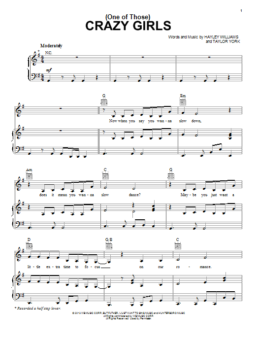 Paramore (One Of Those) Crazy Girls Sheet Music Notes & Chords for Piano, Vocal & Guitar (Right-Hand Melody) - Download or Print PDF