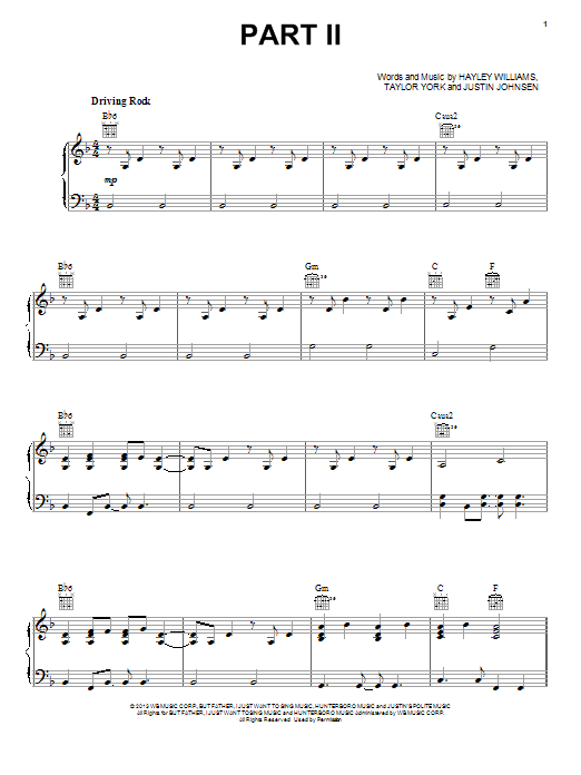 Paramore Part II Sheet Music Notes & Chords for Piano, Vocal & Guitar (Right-Hand Melody) - Download or Print PDF