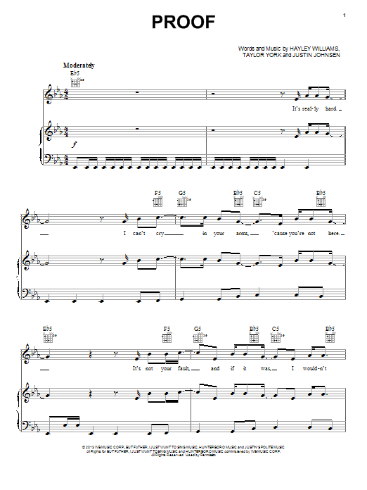 Paramore Proof Sheet Music Notes & Chords for Piano, Vocal & Guitar (Right-Hand Melody) - Download or Print PDF