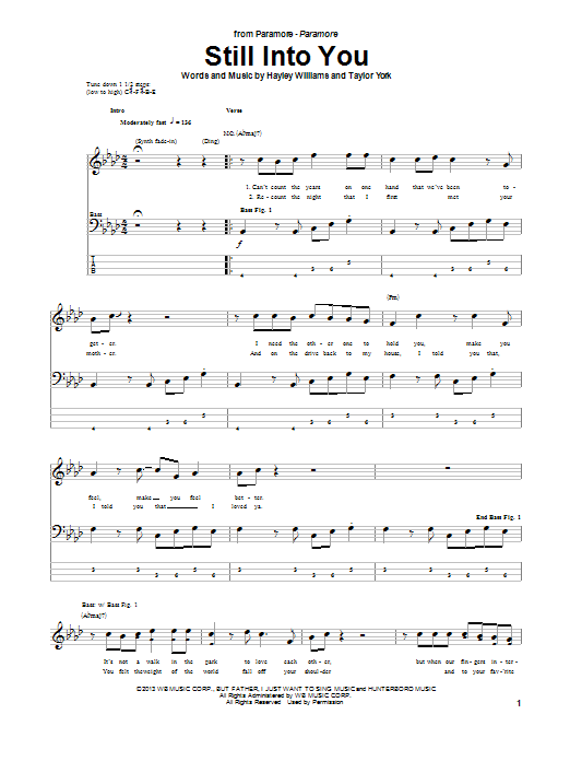 Paramore Still Into You Sheet Music Notes & Chords for Bass Guitar Tab - Download or Print PDF