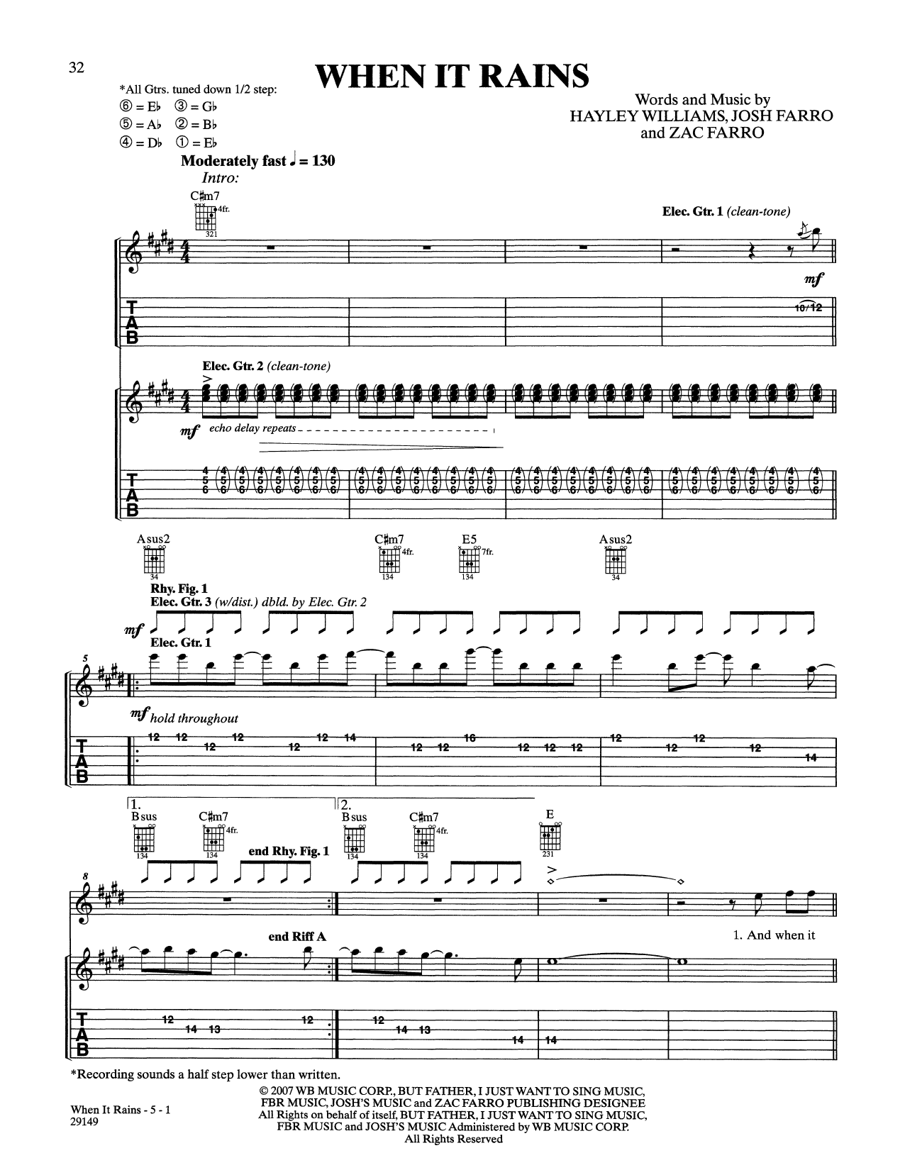 Paramore When It Rains Sheet Music Notes & Chords for Guitar Tab - Download or Print PDF