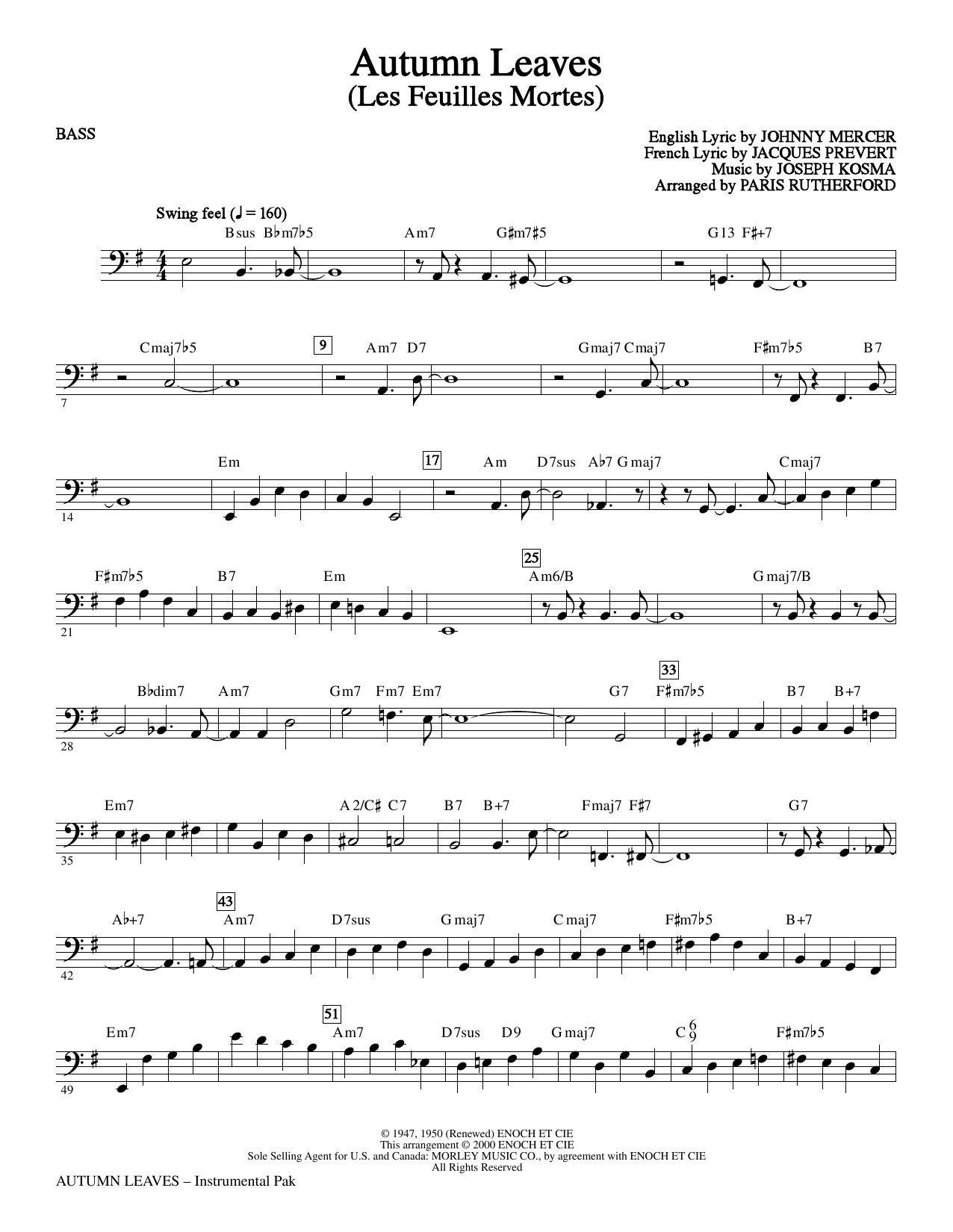 Paris Rutherford Autumn Leaves - Bass Sheet Music Notes & Chords for Choir Instrumental Pak - Download or Print PDF