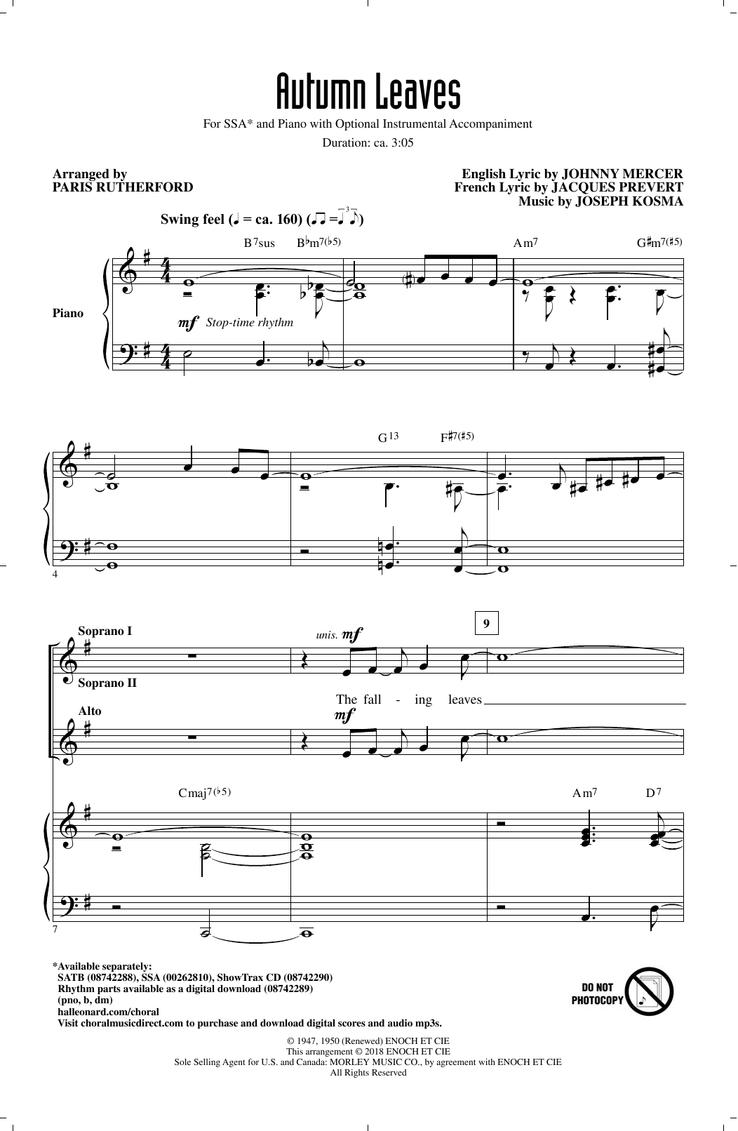 Paris Rutherford Autumn Leaves Sheet Music Notes & Chords for SSA - Download or Print PDF