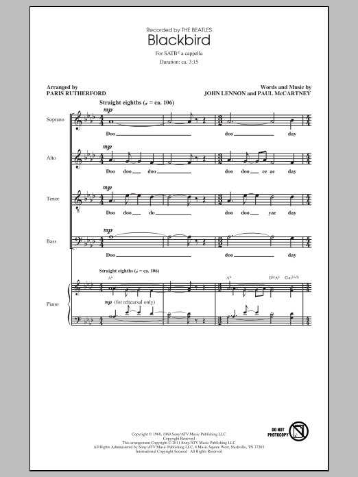 The Beatles Blackbird (arr. Paris Rutherford) Sheet Music Notes & Chords for SATB - Download or Print PDF