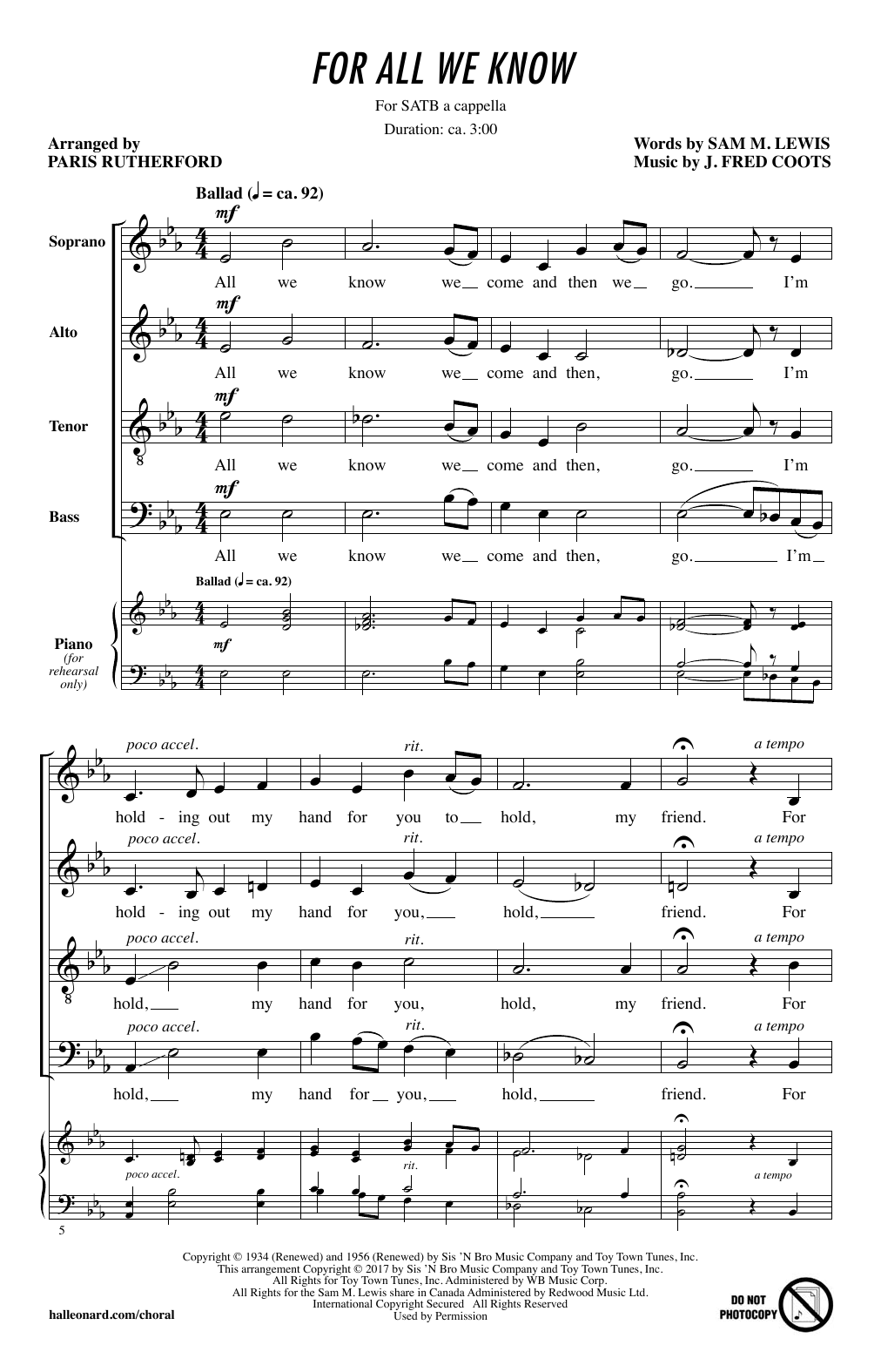 Paris Rutherford For All We Know Sheet Music Notes & Chords for SATB - Download or Print PDF