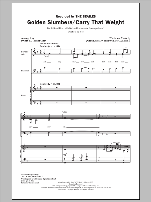 The Beatles Golden Slumbers/Carry That Weight (arr. Paris Rutherford) Sheet Music Notes & Chords for SAB - Download or Print PDF