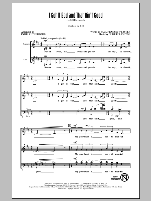 Duke Ellington I Got It Bad And That Ain't Good (arr. Paris Rutherford) Sheet Music Notes & Chords for SATB - Download or Print PDF