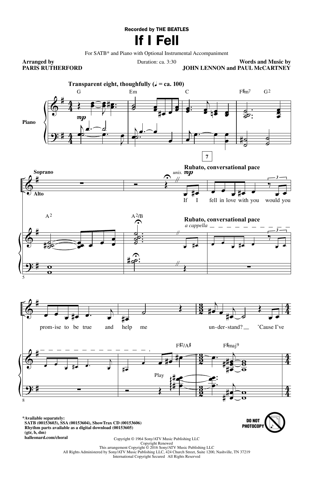 Paris Rutherford If I Fell Sheet Music Notes & Chords for SSA - Download or Print PDF