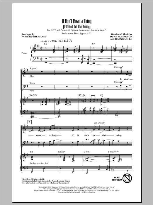 Paris Rutherford It Don't Mean A Thing (If It Ain't Got That Swing) Sheet Music Notes & Chords for SATB - Download or Print PDF