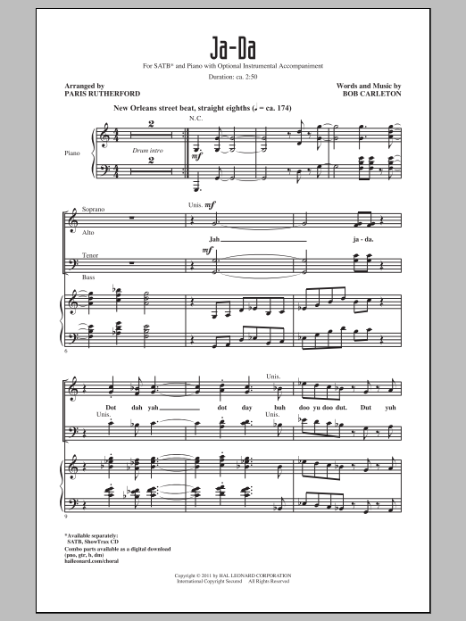 Bob Carleton Ja-Da (arr. Paris Rutherford) Sheet Music Notes & Chords for SSA - Download or Print PDF