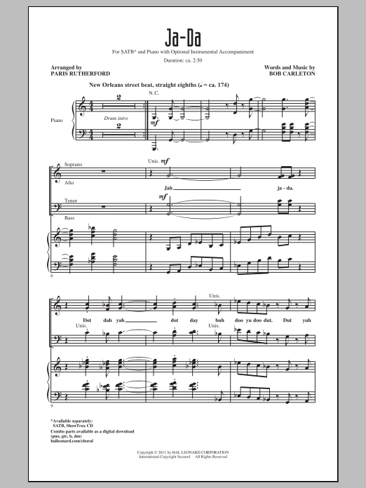 Bob Carleton Ja-Da (arr. Paris Rutherford) Sheet Music Notes & Chords for SATB - Download or Print PDF