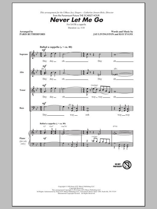 Dinah Washington Never Let Me Go (arr. Paris Rutherford) Sheet Music Notes & Chords for SATB - Download or Print PDF