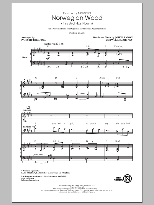 Paris Rutherford Norwegian Wood (This Bird Has Flown) Sheet Music Notes & Chords for SATB - Download or Print PDF