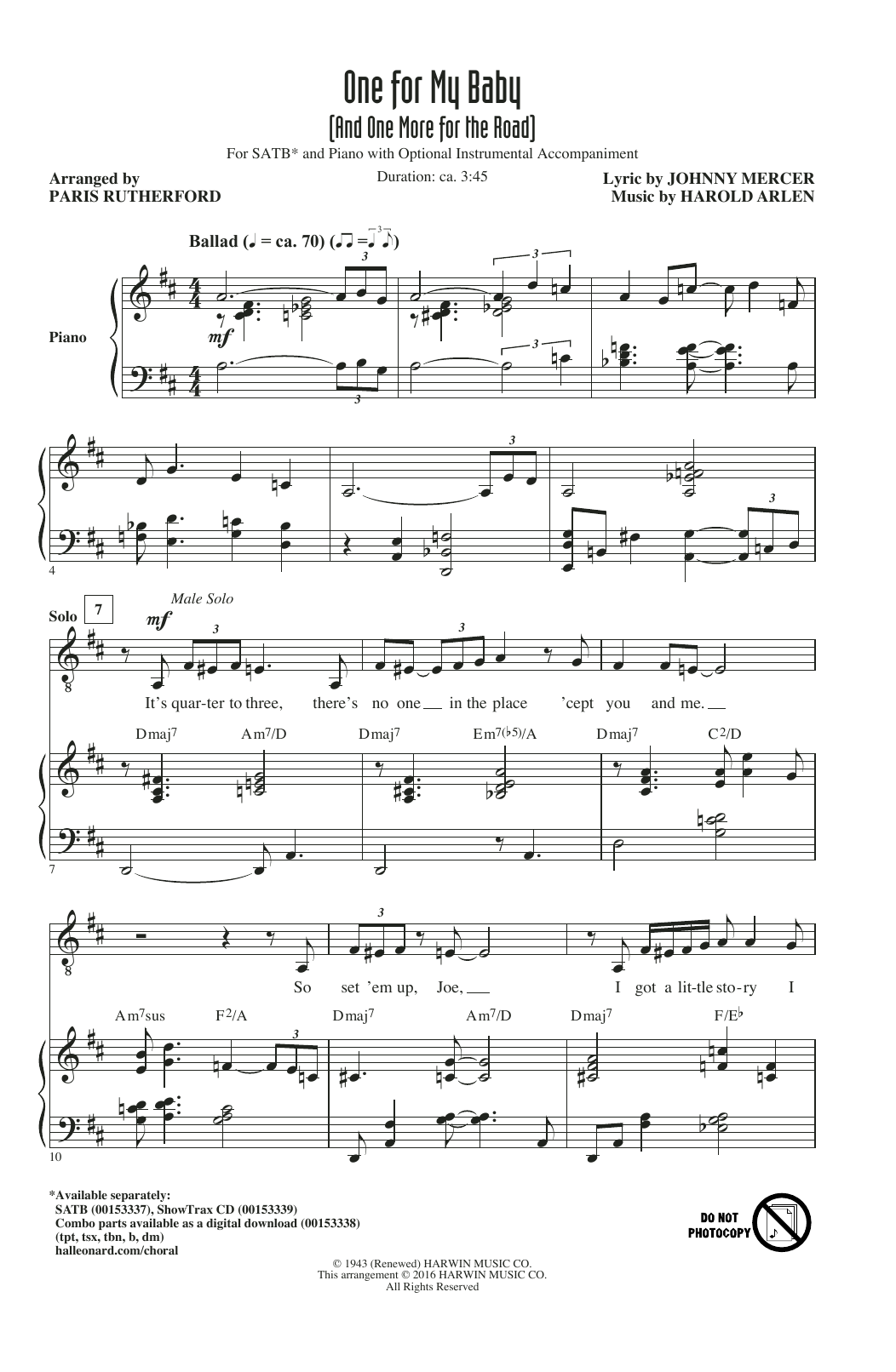 Paris Rutherford One For My Baby (And One More For The Road) Sheet Music Notes & Chords for SATB - Download or Print PDF