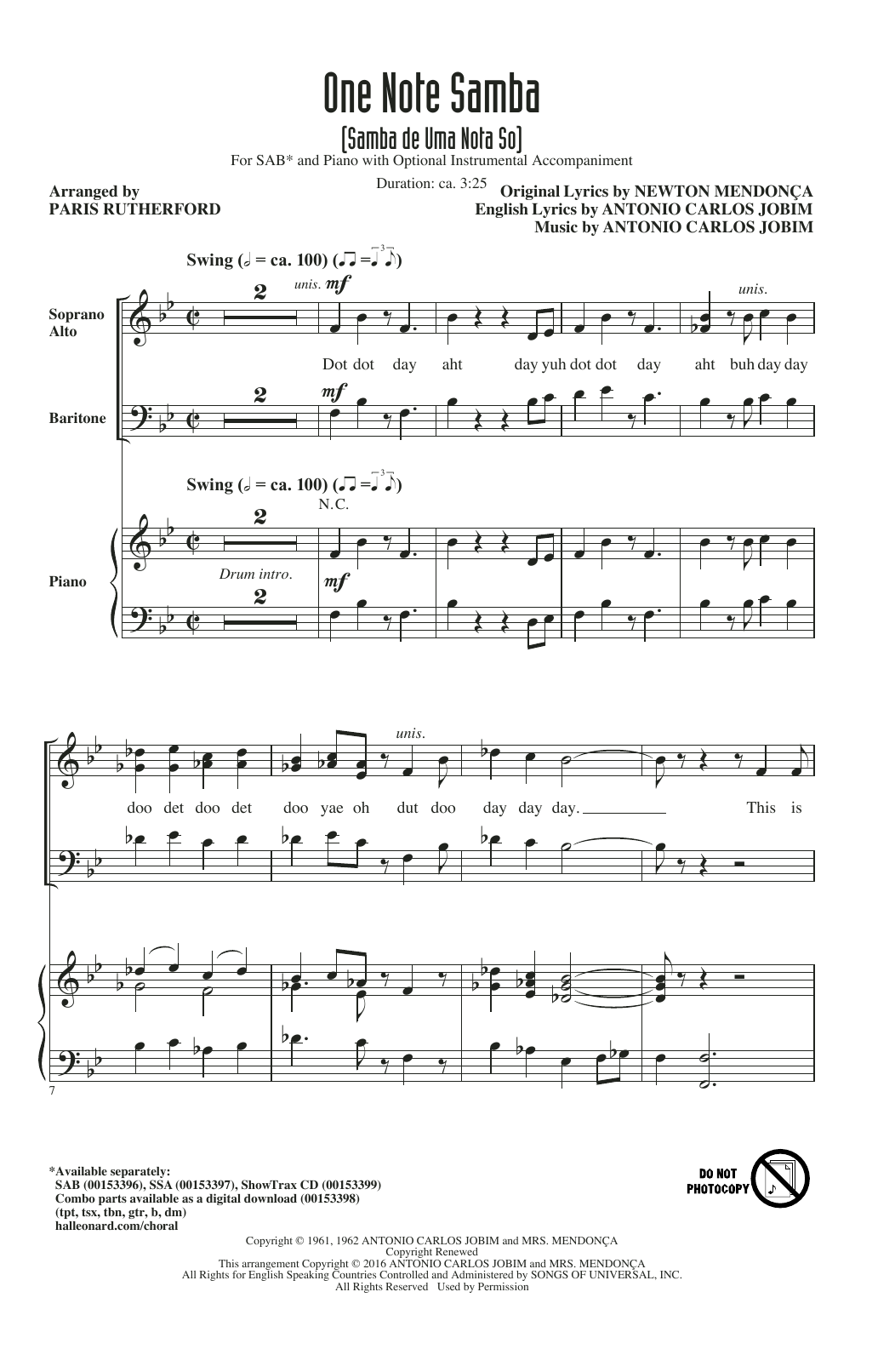 Paris Rutherford One Note Samba (Samba De Uma Nota So) Sheet Music Notes & Chords for SAB - Download or Print PDF