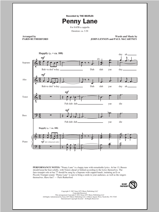 The Beatles Penny Lane (arr. Paris Rutherford) Sheet Music Notes & Chords for SATB - Download or Print PDF