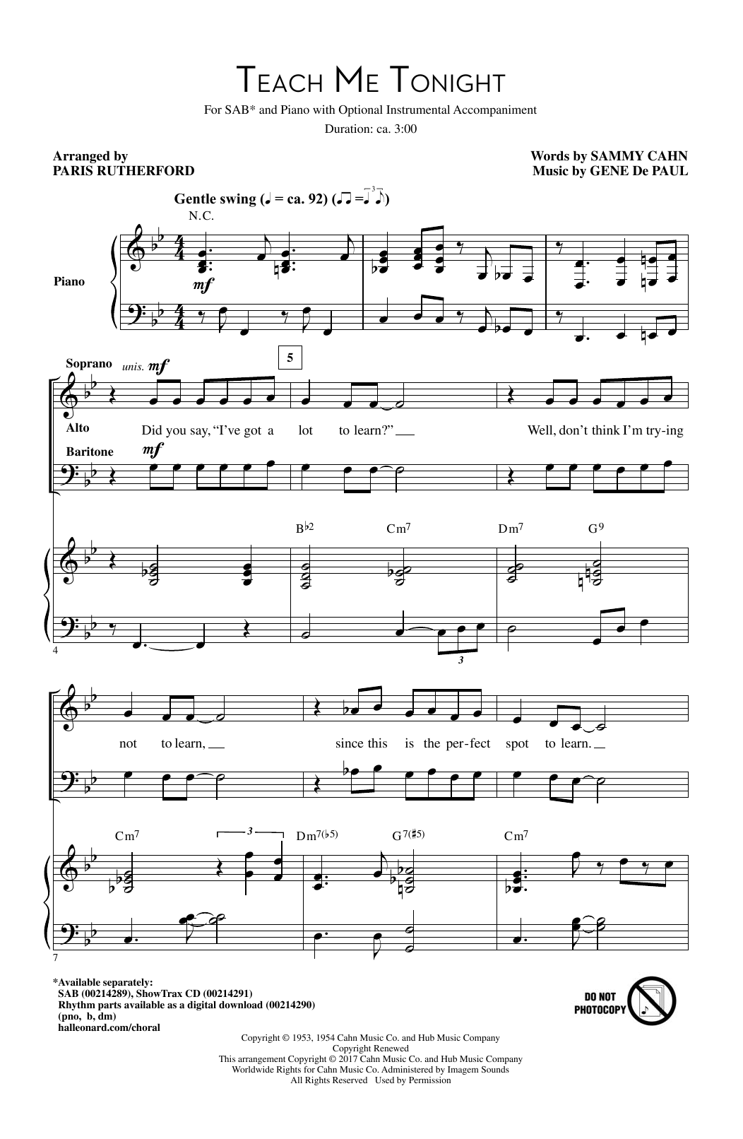 Paris Rutherford Teach Me Tonight Sheet Music Notes & Chords for SAB - Download or Print PDF