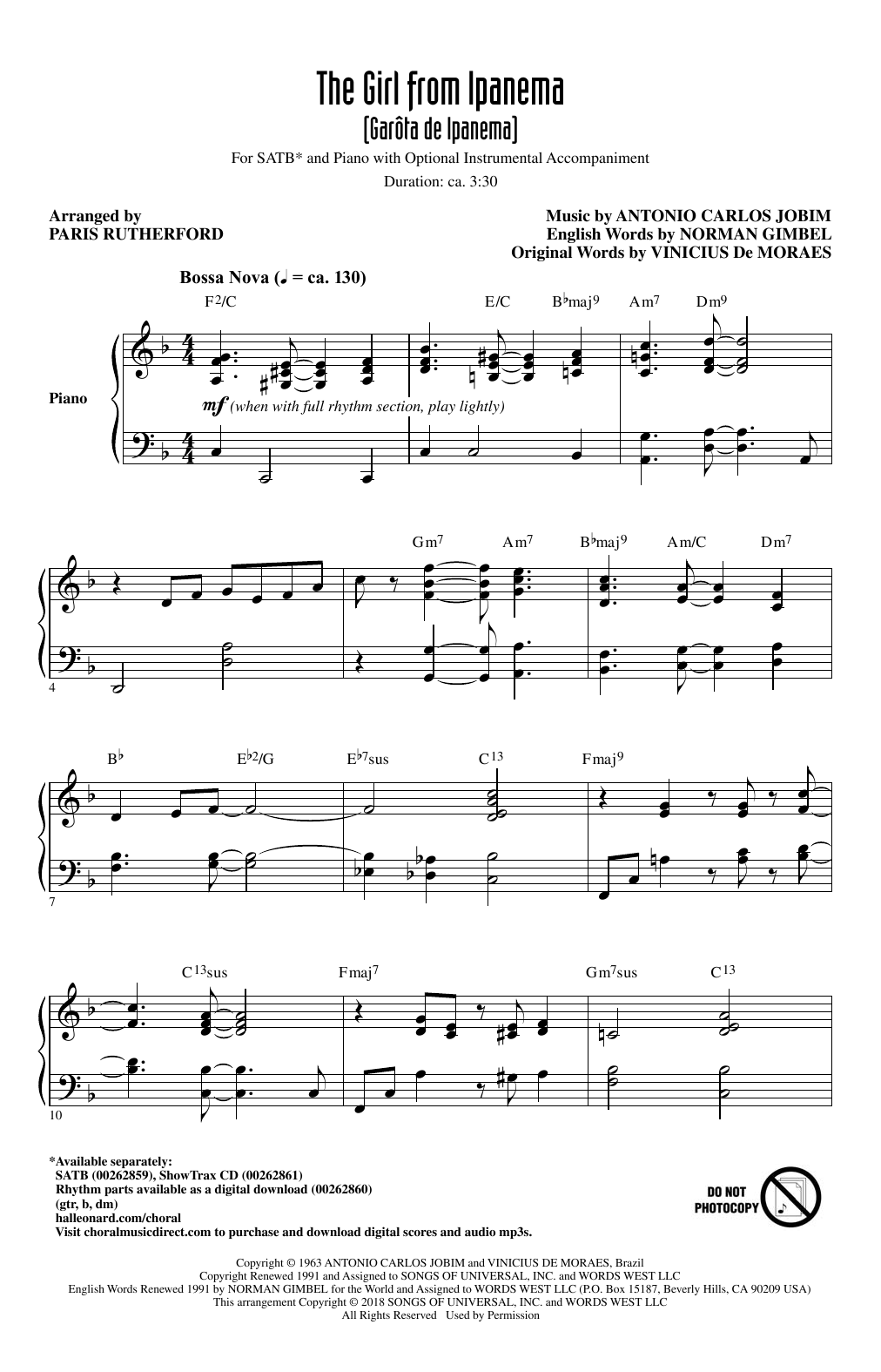 Paris Rutherford The Girl From Ipanema (Garota De Ipanema) Sheet Music Notes & Chords for SATB - Download or Print PDF