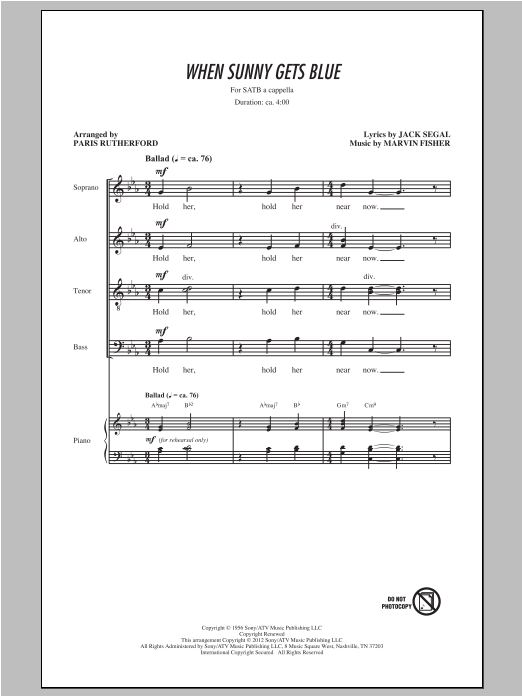 Johnny Mathis When Sunny Gets Blue (arr. Paris Rutherford) Sheet Music Notes & Chords for SATB - Download or Print PDF
