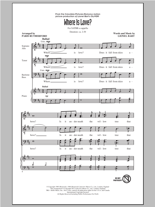Lionel Bart Where Is Love? (arr. Paris Rutherford) Sheet Music Notes & Chords for SATB - Download or Print PDF