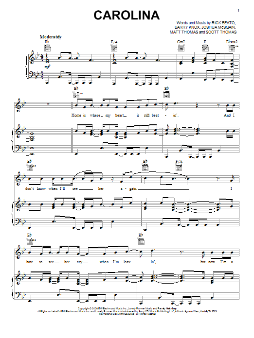 Parmalee Carolina Sheet Music Notes & Chords for Piano, Vocal & Guitar (Right-Hand Melody) - Download or Print PDF