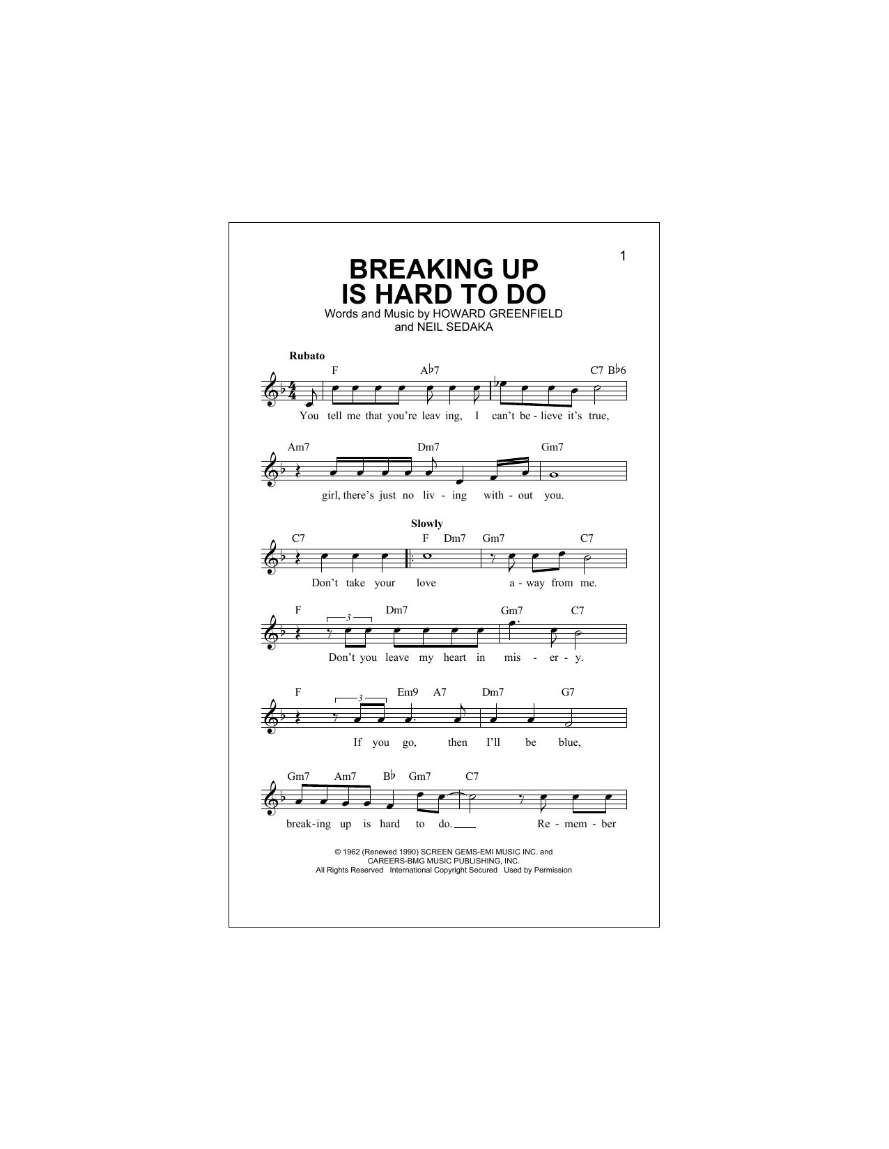 Partridge Family Breaking Up Is Hard To Do Sheet Music Notes & Chords for Melody Line, Lyrics & Chords - Download or Print PDF