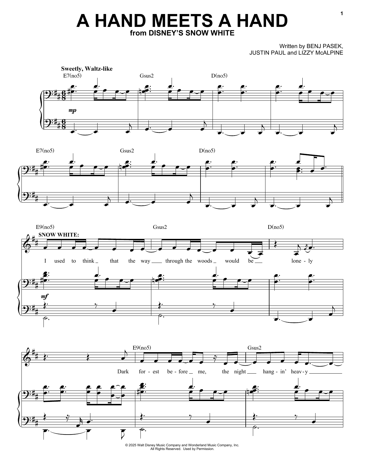 Pasek & Paul A Hand Meets A Hand (from Snow White) (2025) Sheet Music Notes & Chords for Piano & Vocal - Download or Print PDF