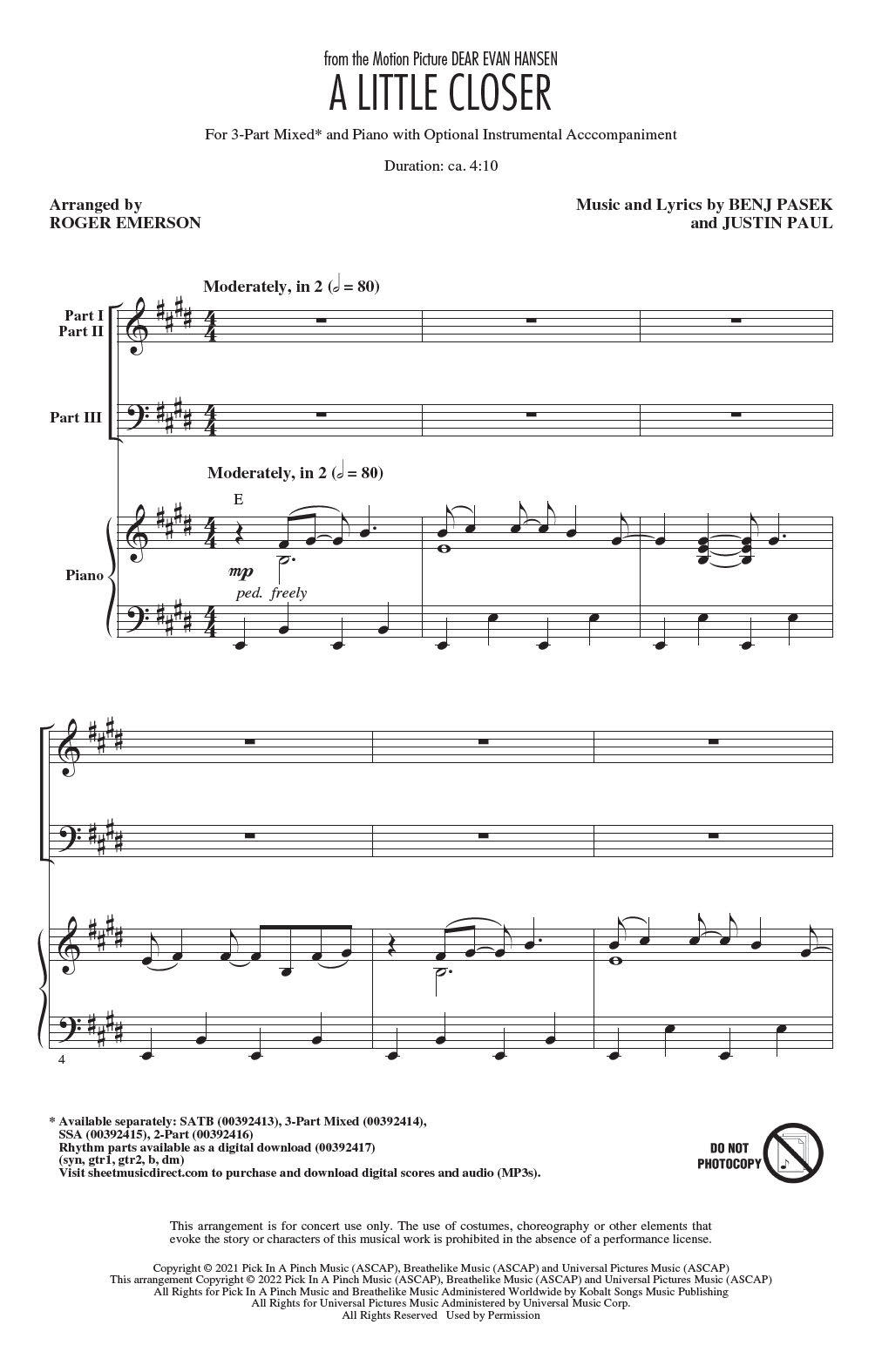 Pasek & Paul A Little Closer (from Dear Evan Hansen) (arr. Roger Emerson) Sheet Music Notes & Chords for SSA Choir - Download or Print PDF