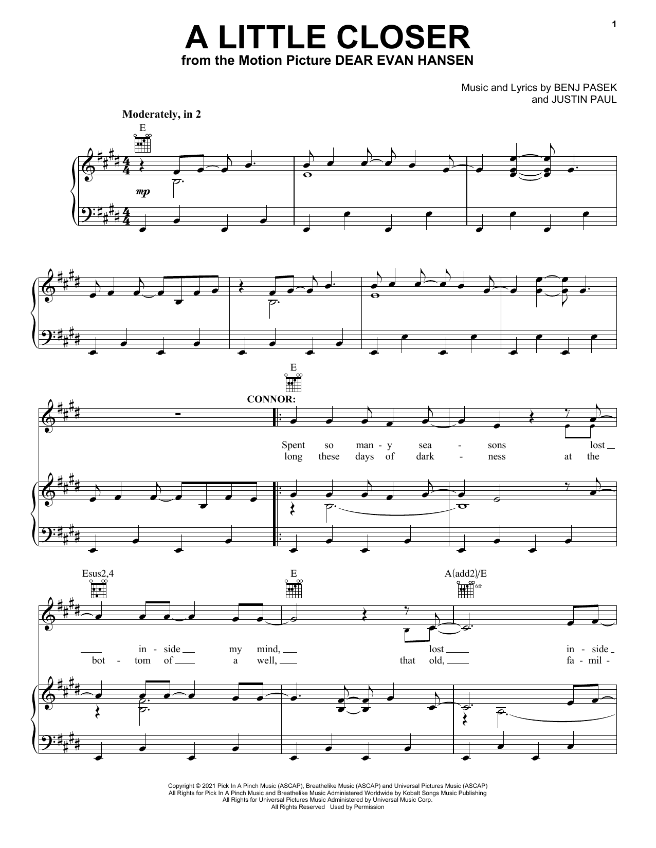 Pasek & Paul A Little Closer (from Dear Evan Hansen) Sheet Music Notes & Chords for Piano & Vocal - Download or Print PDF