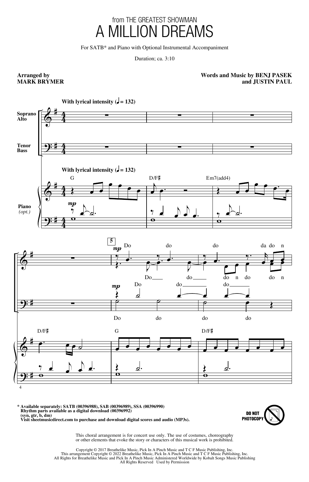 Pasek & Paul A Million Dreams (from The Greatest Showman) (arr. Mark Brymer) Sheet Music Notes & Chords for SAB Choir - Download or Print PDF