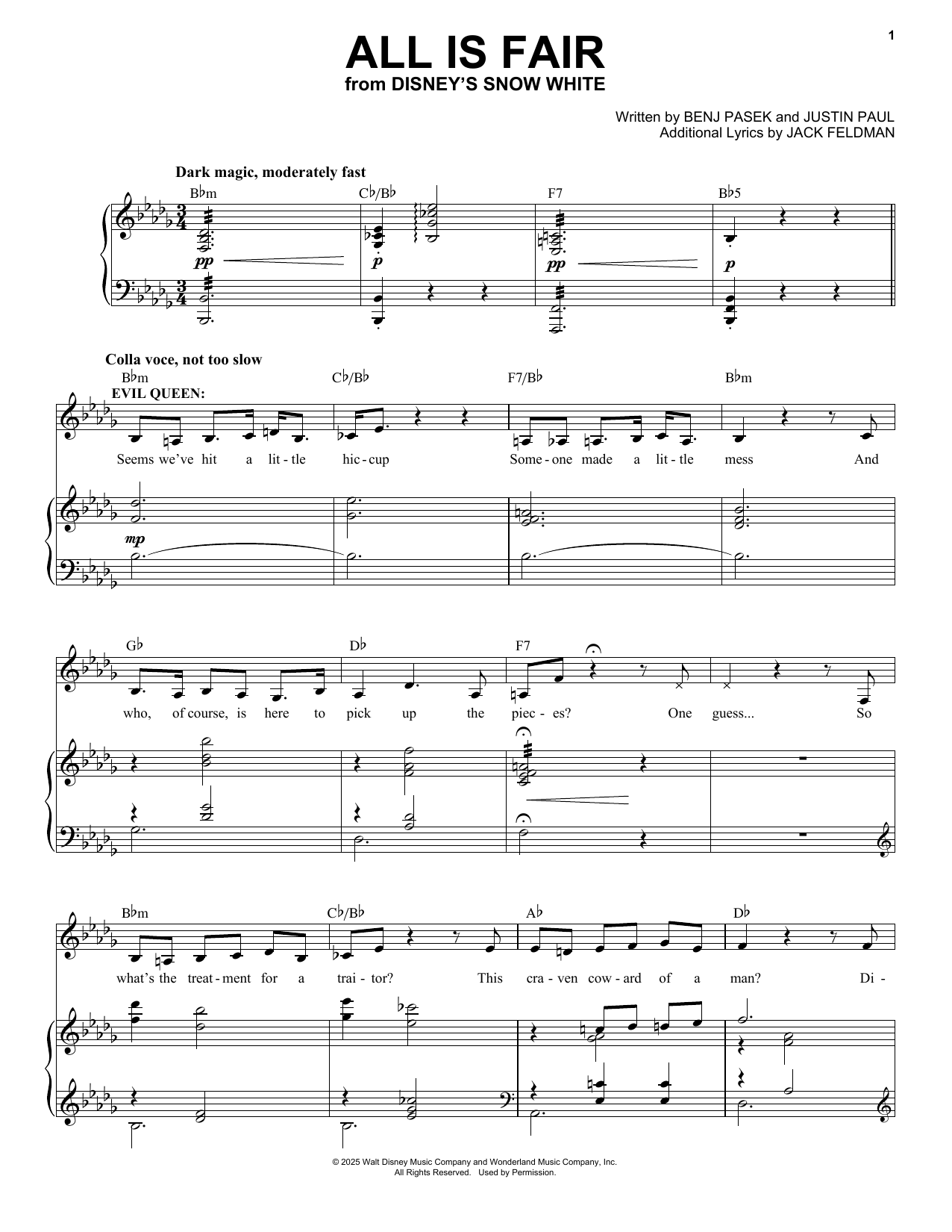 Pasek & Paul All Is Fair (from Snow White) (2025) Sheet Music Notes & Chords for Piano & Vocal - Download or Print PDF Pasek & Paul All Is Fair (from Snow White) (2025) Sheet Music Notes & Chords for Piano & Vocal - Download or Print PDF