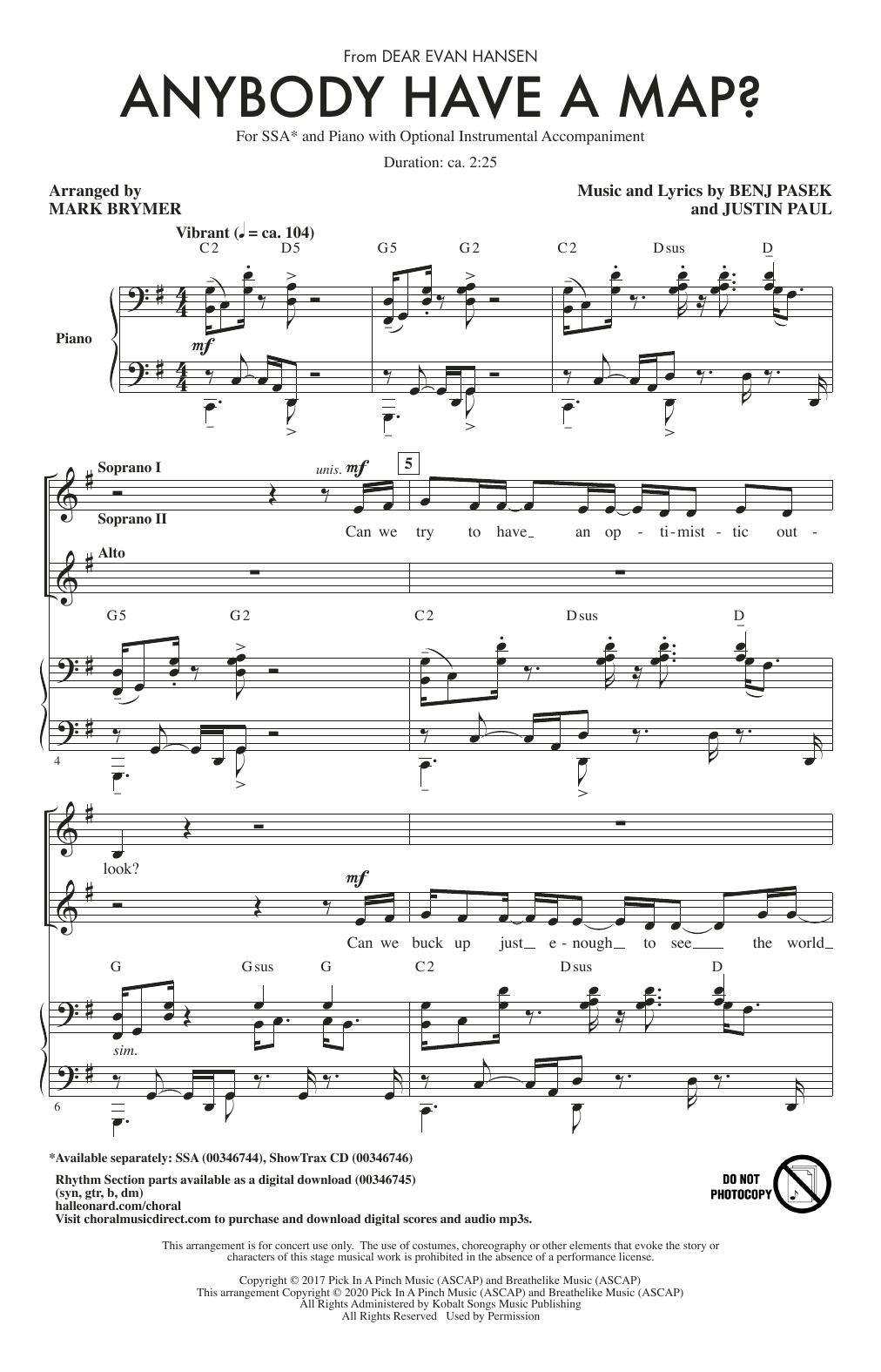 Pasek & Paul Anybody Have A Map? (from Dear Evan Hansen) (arr. Mark Brymer) Sheet Music Notes & Chords for SSA Choir - Download or Print PDF