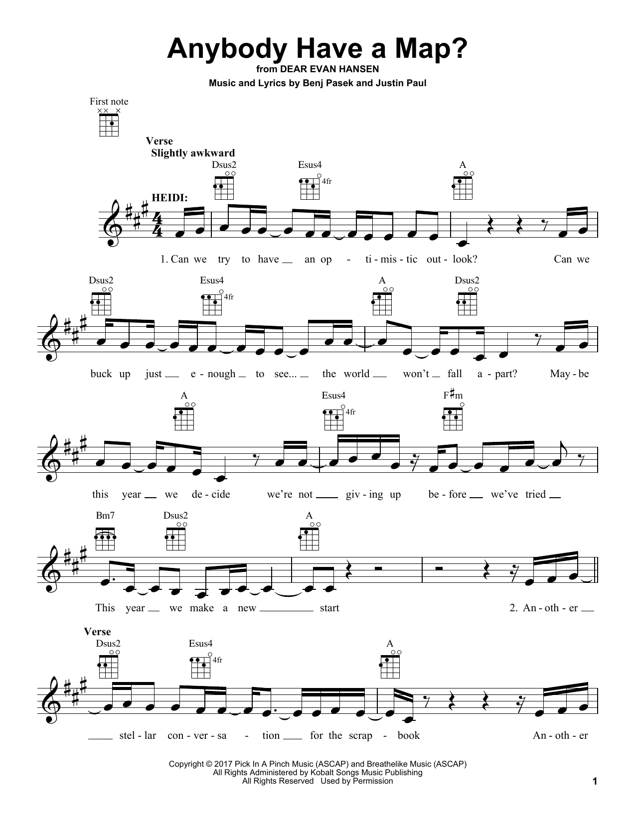Pasek & Paul Anybody Have A Map? (from Dear Evan Hansen) Sheet Music Notes & Chords for UKEDEH - Download or Print PDF