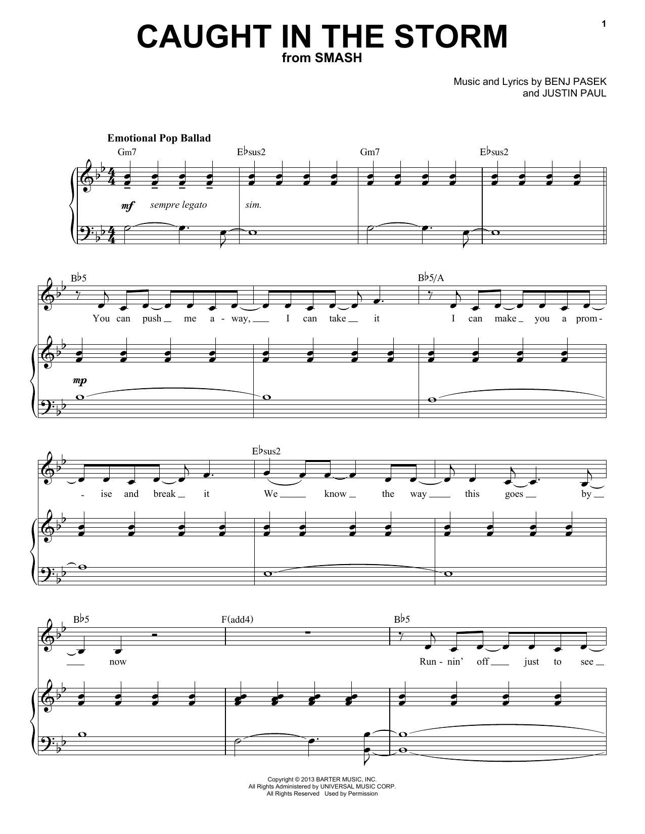 Pasek & Paul Caught In The Storm (from Smash) Sheet Music Notes & Chords for Piano & Vocal - Download or Print PDF